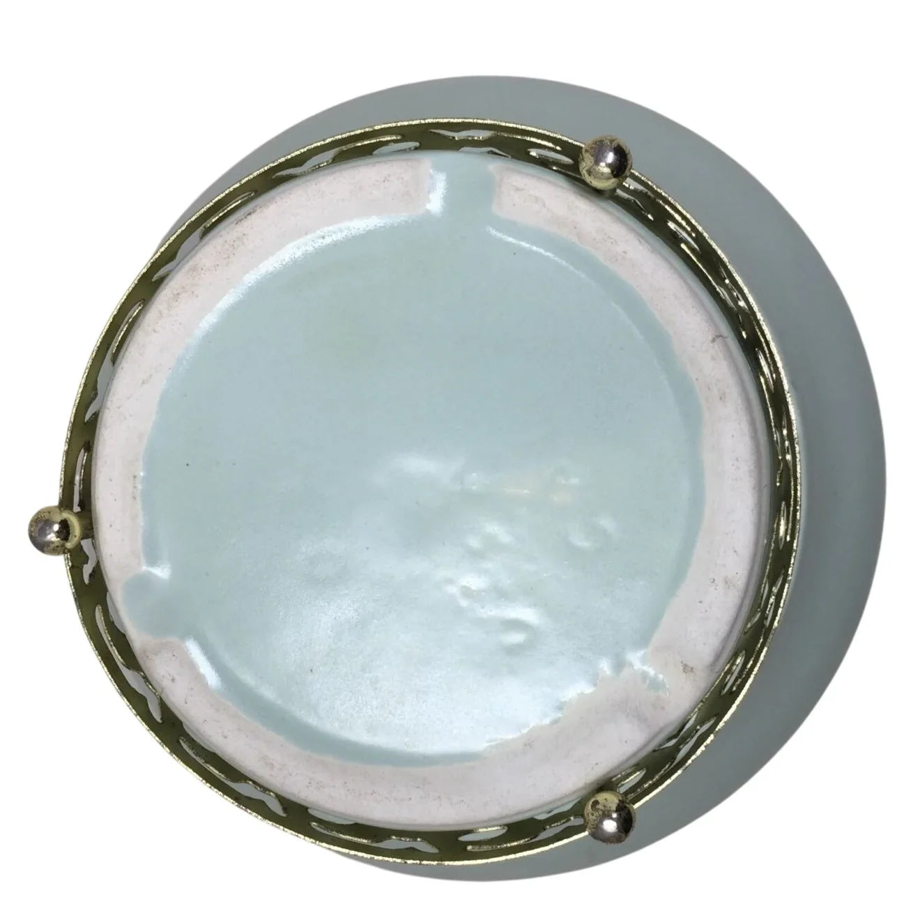 Vintage 7" Ceramic Light Green/Gold Metal Footed Bowl - A+ Stuff