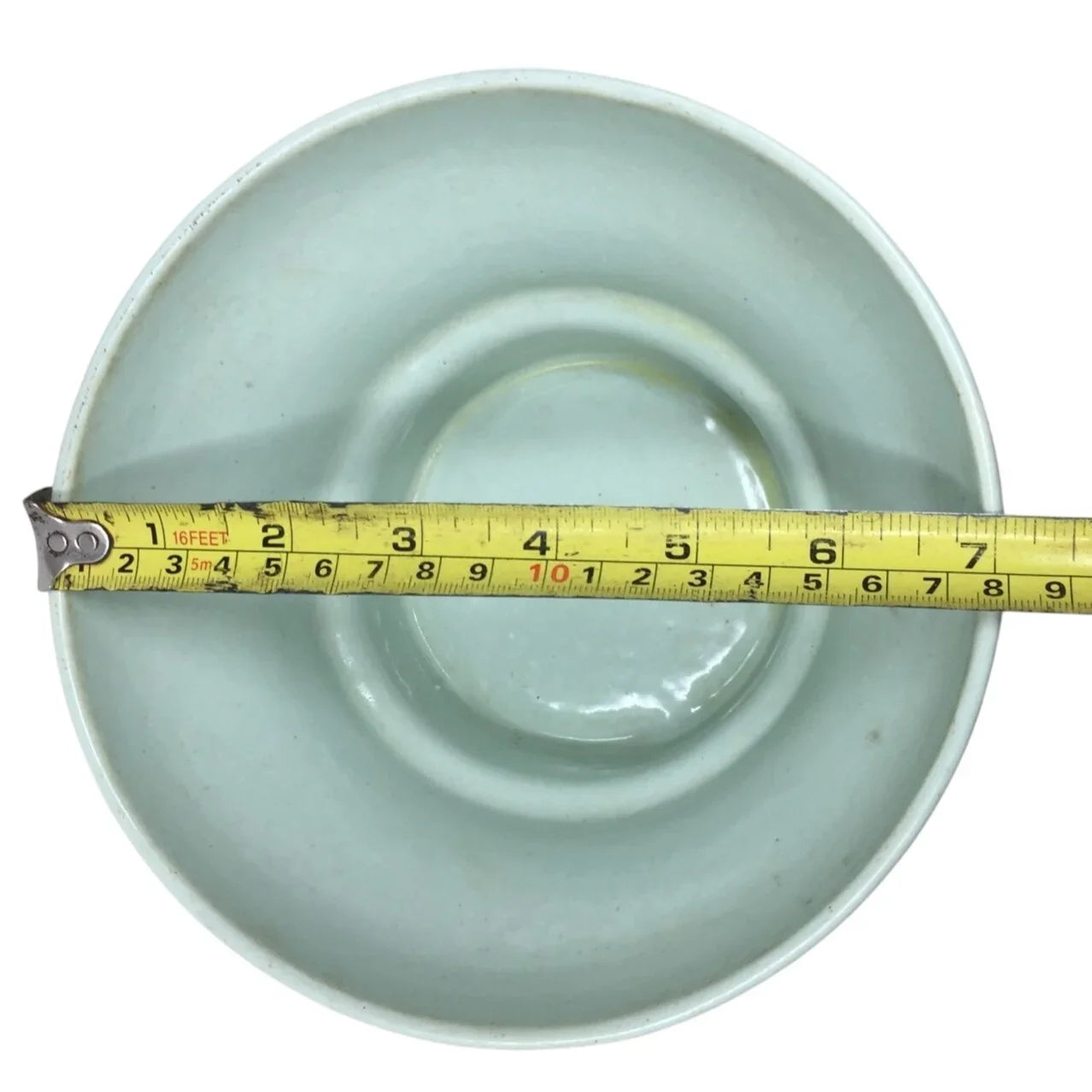 Vintage 7" Ceramic Light Green/Gold Metal Footed Bowl - A+ Stuff