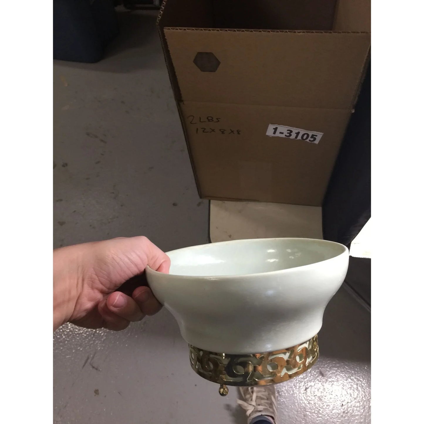 Vintage 7" Ceramic Light Green/Gold Metal Footed Bowl - A+ Stuff