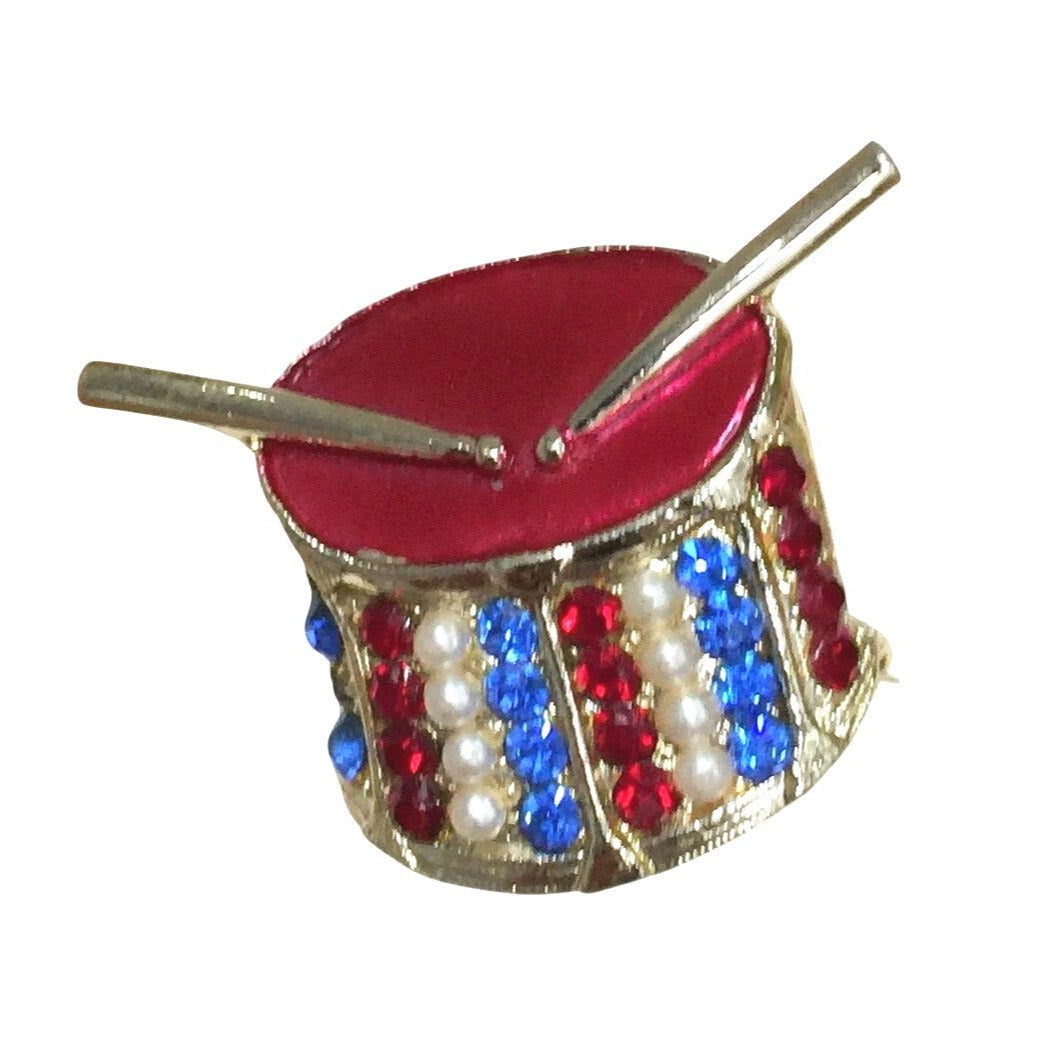 Vintage Patriotic Rhinestone Drum Brooch Pin Gold Tone Red White Blue July 4th Unbranded  A+ Stuff Antique Brooch