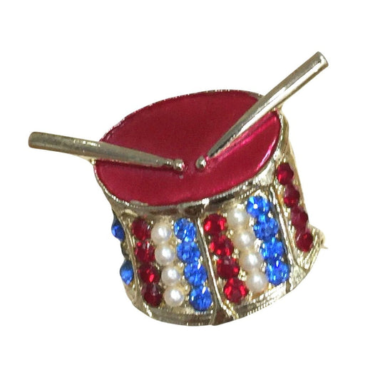Vintage Patriotic Rhinestone Drum Brooch Pin Gold Tone Red White Blue July 4th Unbranded  A+ Stuff Antique Brooch