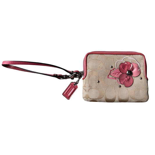 Coach Tan Signature wallet Wristlet with Pink Suede Flower on Front & Pink Leather Strap, Tag & Trim