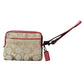 Coach Tan Signature wallet Wristlet with Pink Suede Flower on Front & Pink Leather Strap, Tag & Trim