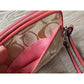 Coach Tan Signature wallet Wristlet with Pink Suede Flower on Front & Pink Leather Strap, Tag & Trim