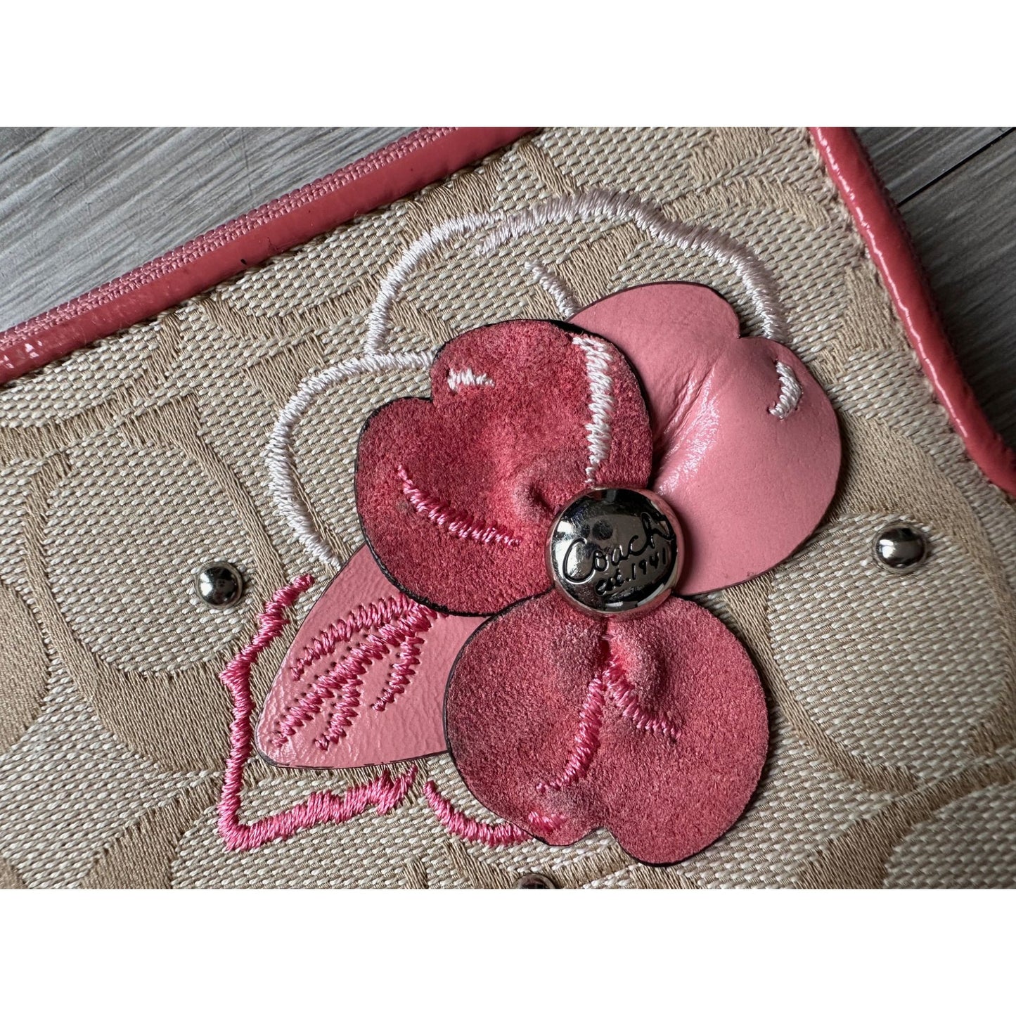 Coach Tan Signature wallet Wristlet with Pink Suede Flower on Front & Pink Leather Strap, Tag & Trim