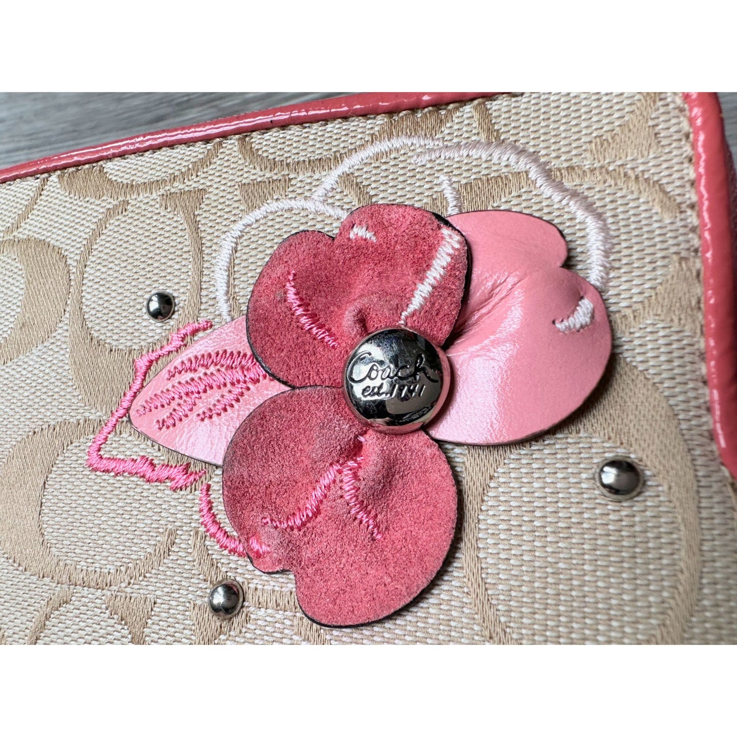 Coach Tan Signature wallet Wristlet with Pink Suede Flower on Front & Pink Leather Strap, Tag & Trim