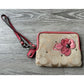 Coach Tan Signature wallet Wristlet with Pink Suede Flower on Front & Pink Leather Strap, Tag & Trim