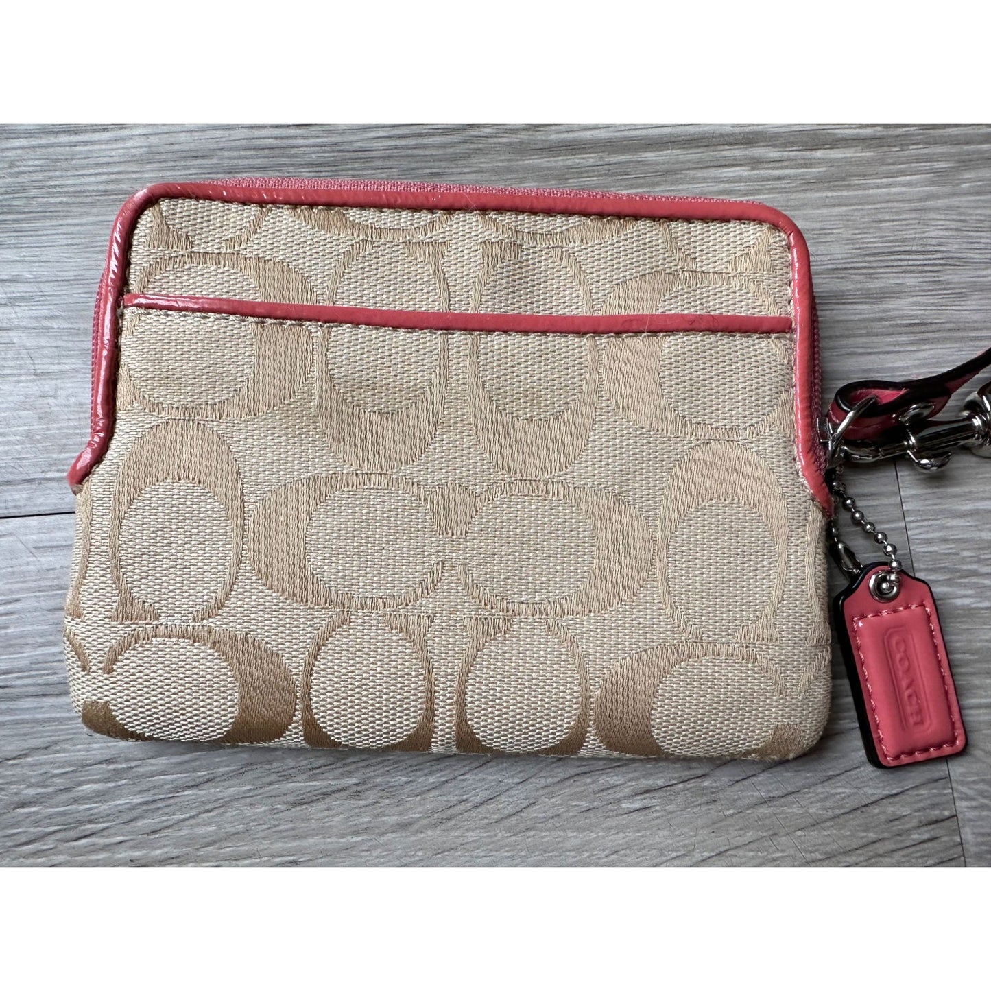 Coach Tan Signature wallet Wristlet with Pink Suede Flower on Front & Pink Leather Strap, Tag & Trim