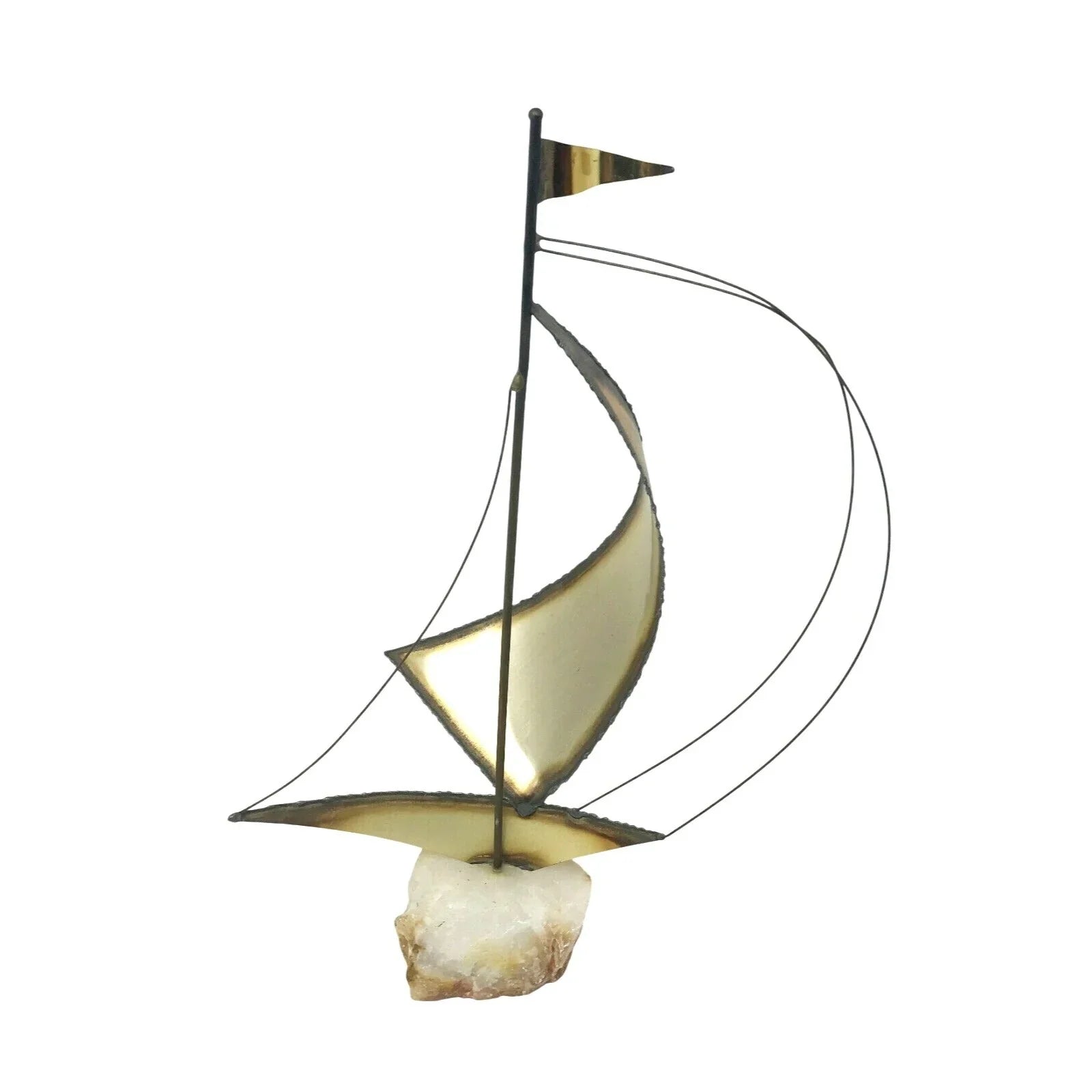 Mid-Century MODERN Brass SAILBOAT Sculpture QUARTZ Base (Signed on Top of Base) --  A+ Stuff Sculptures & Statues