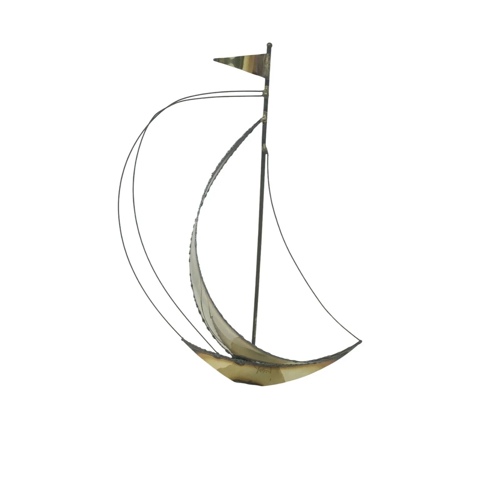 Mid-Century MODERN Brass SAILBOAT Sculpture QUARTZ Base (Signed on Top of Base) --  A+ Stuff Sculptures & Statues