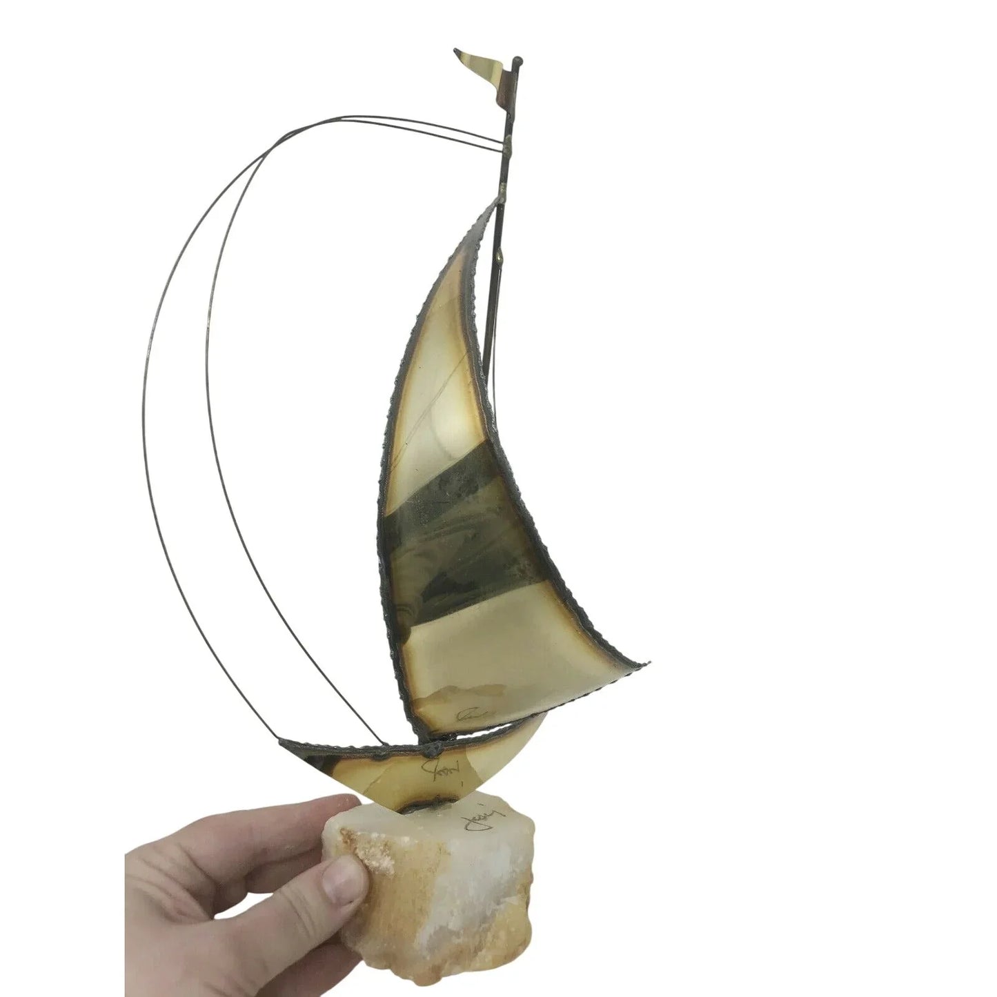 Mid-Century MODERN Brass SAILBOAT Sculpture QUARTZ Base (Signed on Top of Base) --  A+ Stuff Sculptures & Statues
