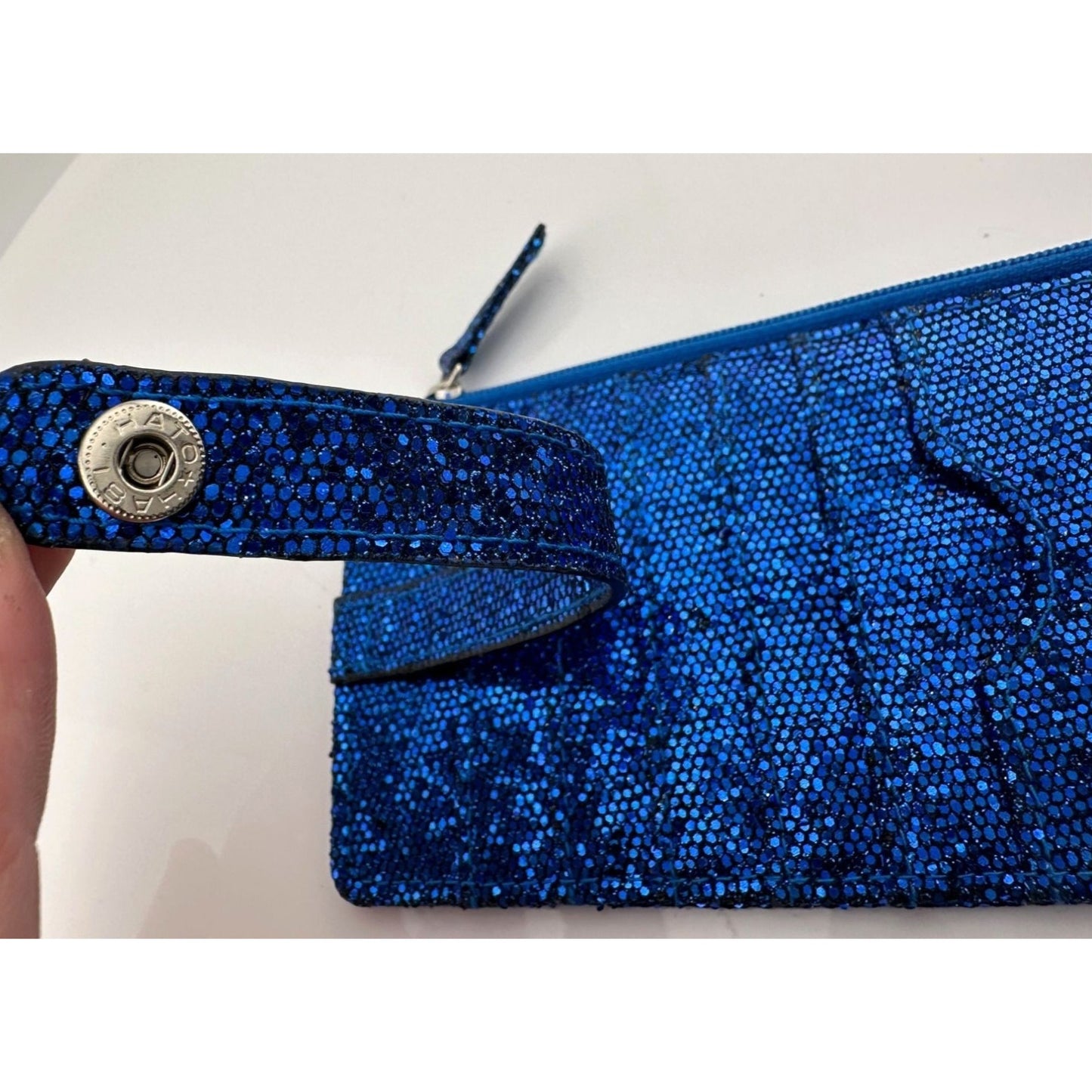 Blue Shimmer Sequin MUNDI Long Card holder with Snap Strap & Zip Compartment