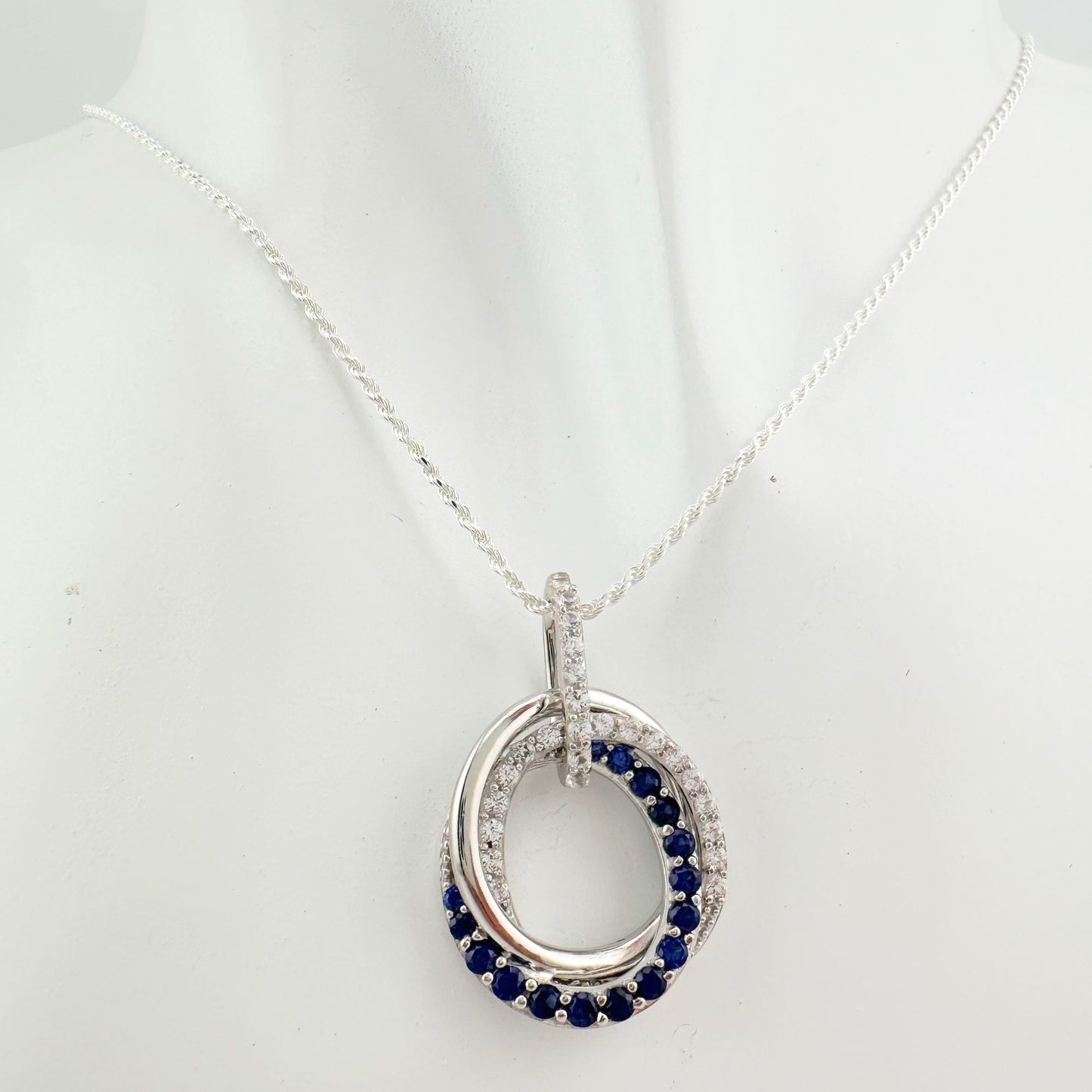 Blue and White Sapphire (Lab Created) Interlocking Loops Pendant with Necklace