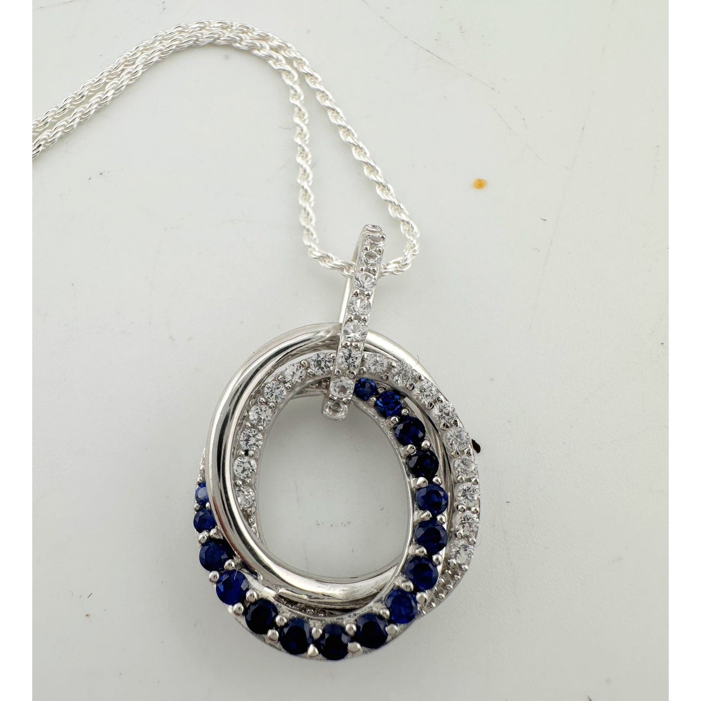 Blue and White Sapphire (Lab Created) Interlocking Loops Pendant with Necklace