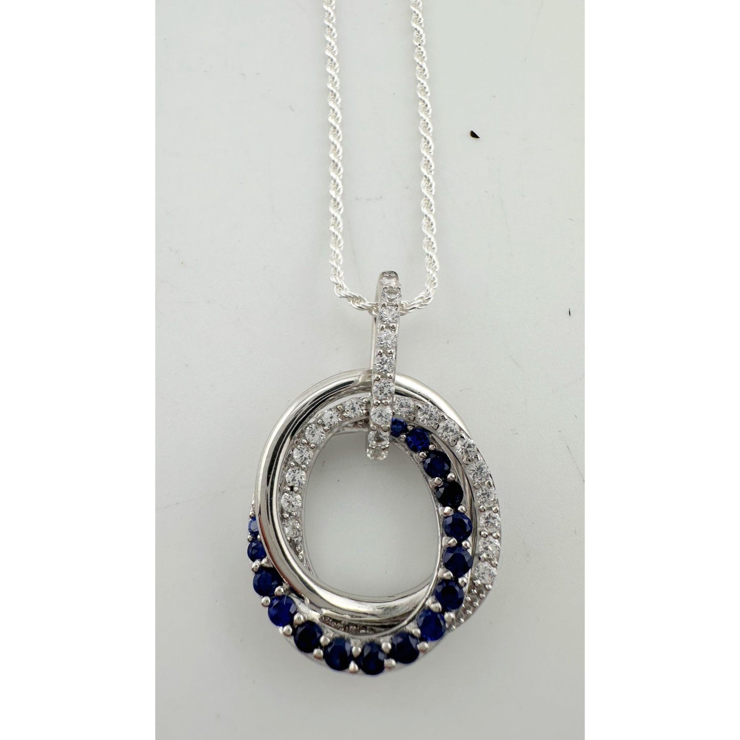 Blue and White Sapphire (Lab Created) Interlocking Loops Pendant with Necklace