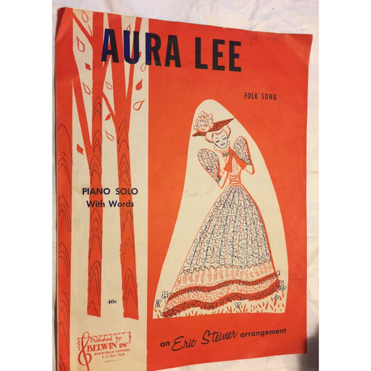 Aura Lee Folk Song Piano Solo w/ Words Vintage Sheet Music