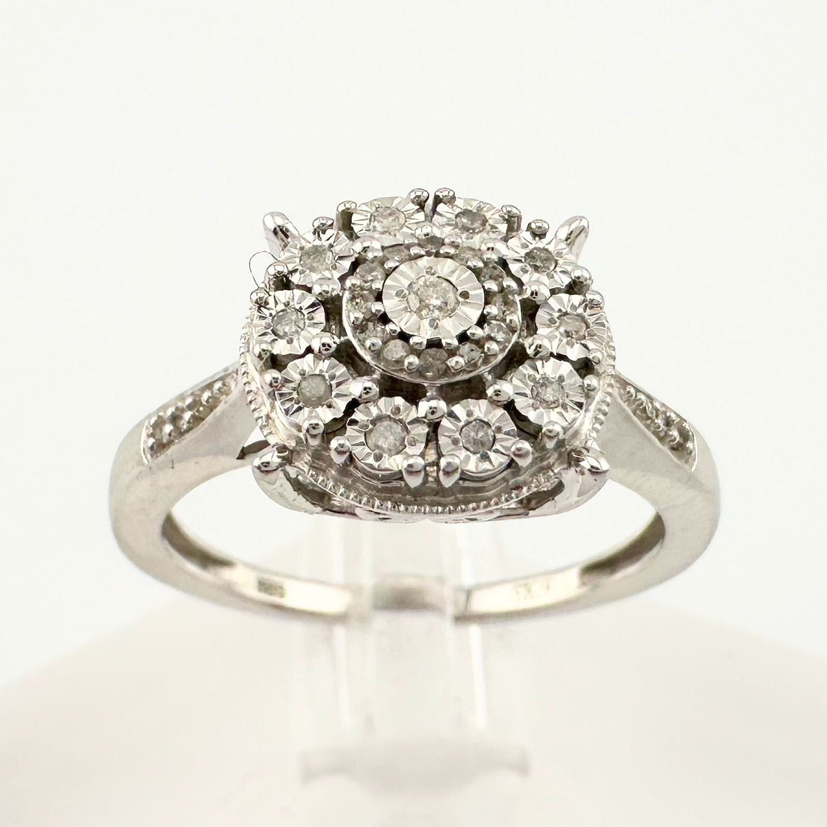 Beautiful Natural Diamond Halo Ring - Sterling Silver Illusion Setting  Size 7 --  A+ Stuff ring