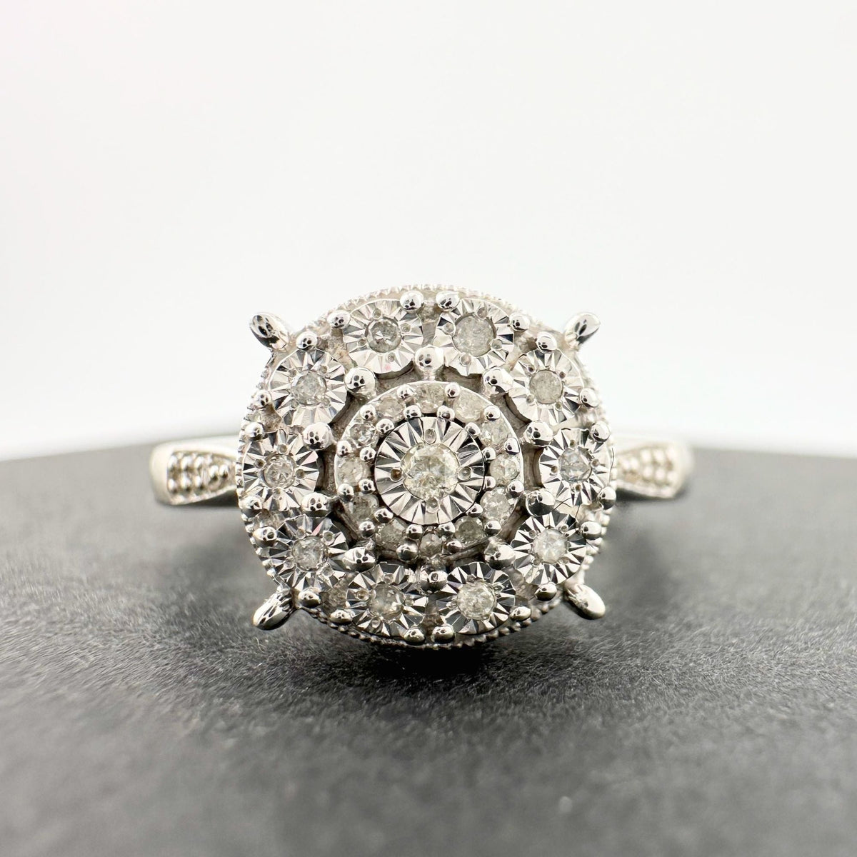Beautiful Natural Diamond Halo Ring - Sterling Silver Illusion Setting  Size 7 --  A+ Stuff ring