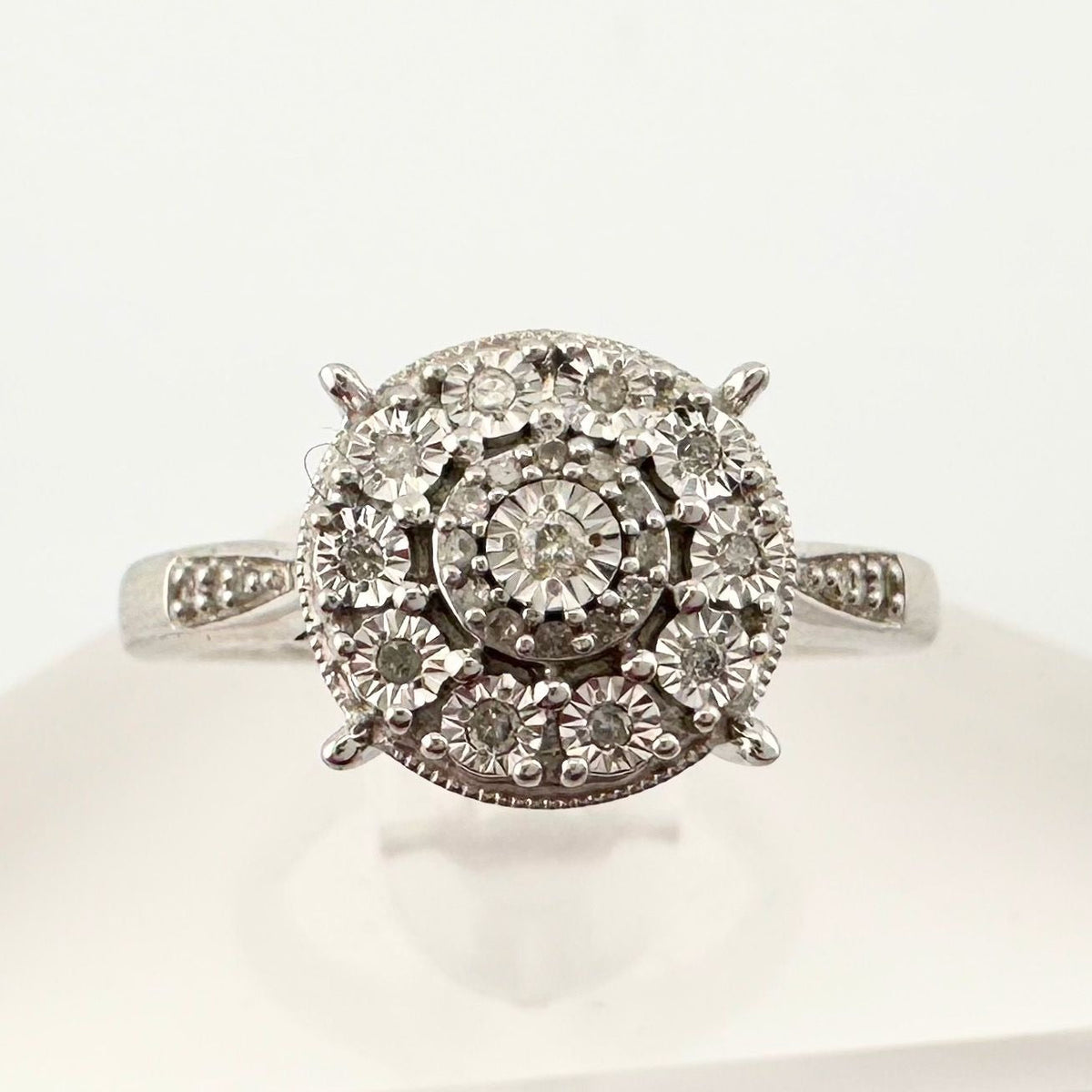 Beautiful Natural Diamond Halo Ring - Sterling Silver Illusion Setting  Size 7 --  A+ Stuff ring