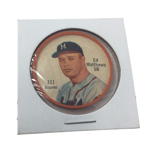 Vintage 1962 111 Braves Ed Mattews 3B Salada Tea and Junket Baseball Plastic Orange Coin