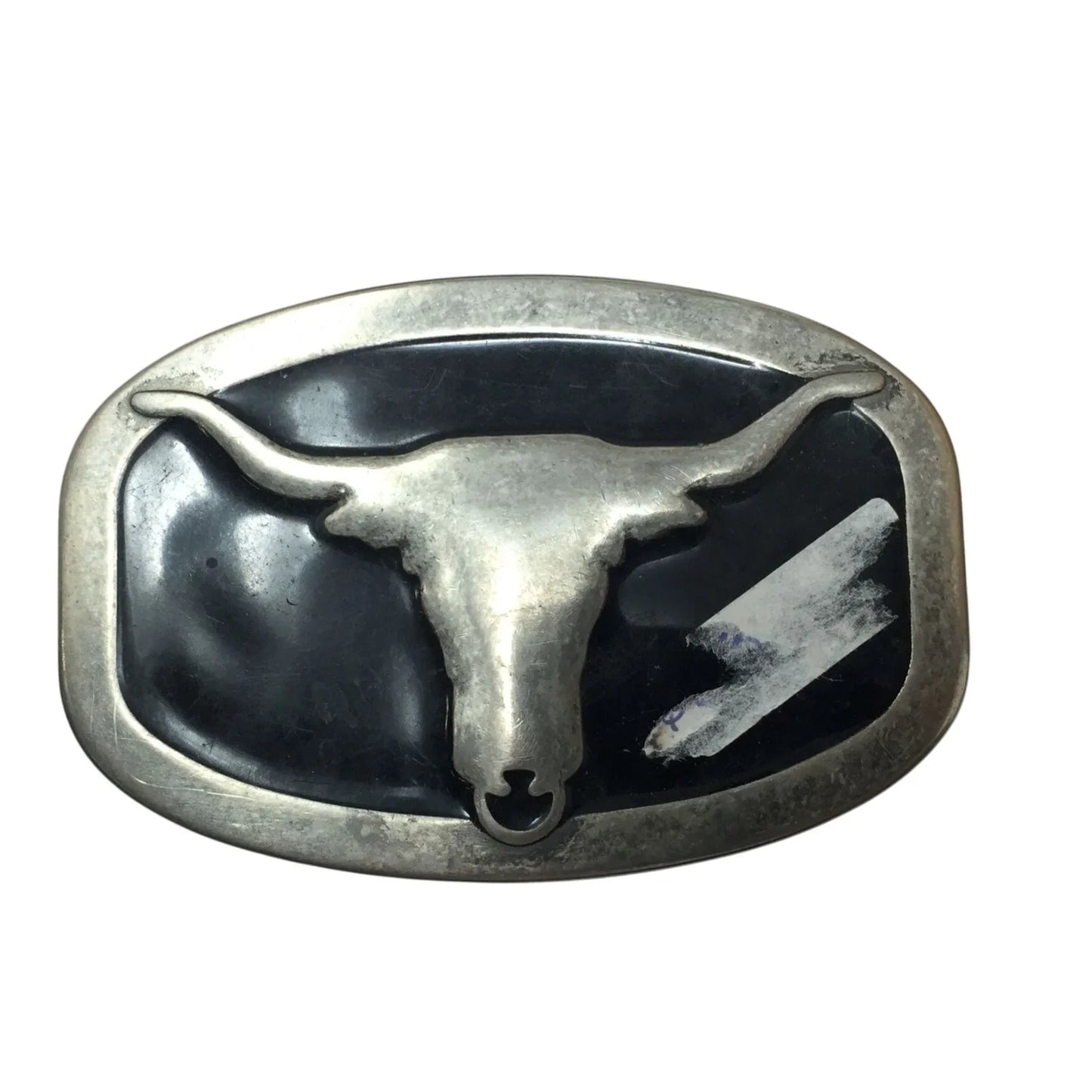 Vintage Mens Metal Belt Buckle Silver/Black with Longhorn on it - A+ Stuff