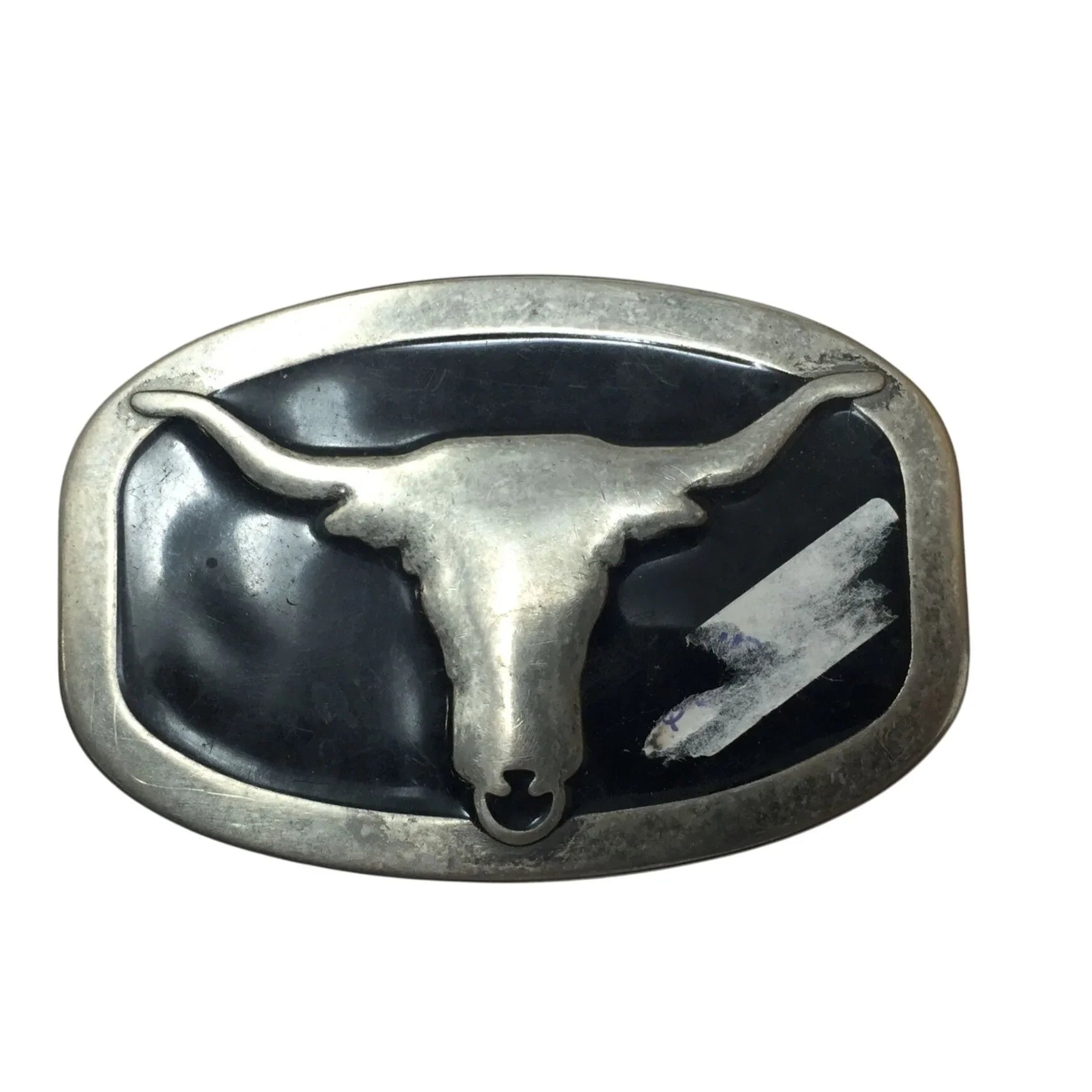 Vintage Mens Metal Belt Buckle Silver/Black with Longhorn on it - A+ Stuff