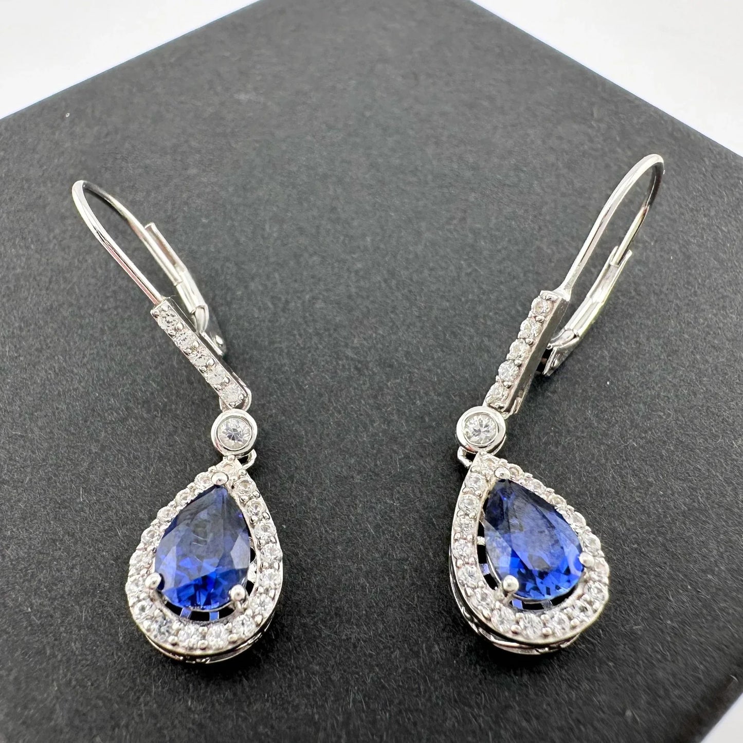 Blue and White Sapphire Tear Drop Earrings in Sterling Silver - A+ Stuff