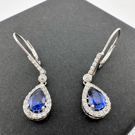 Blue and White Sapphire Tear Drop Earrings in Sterling Silver