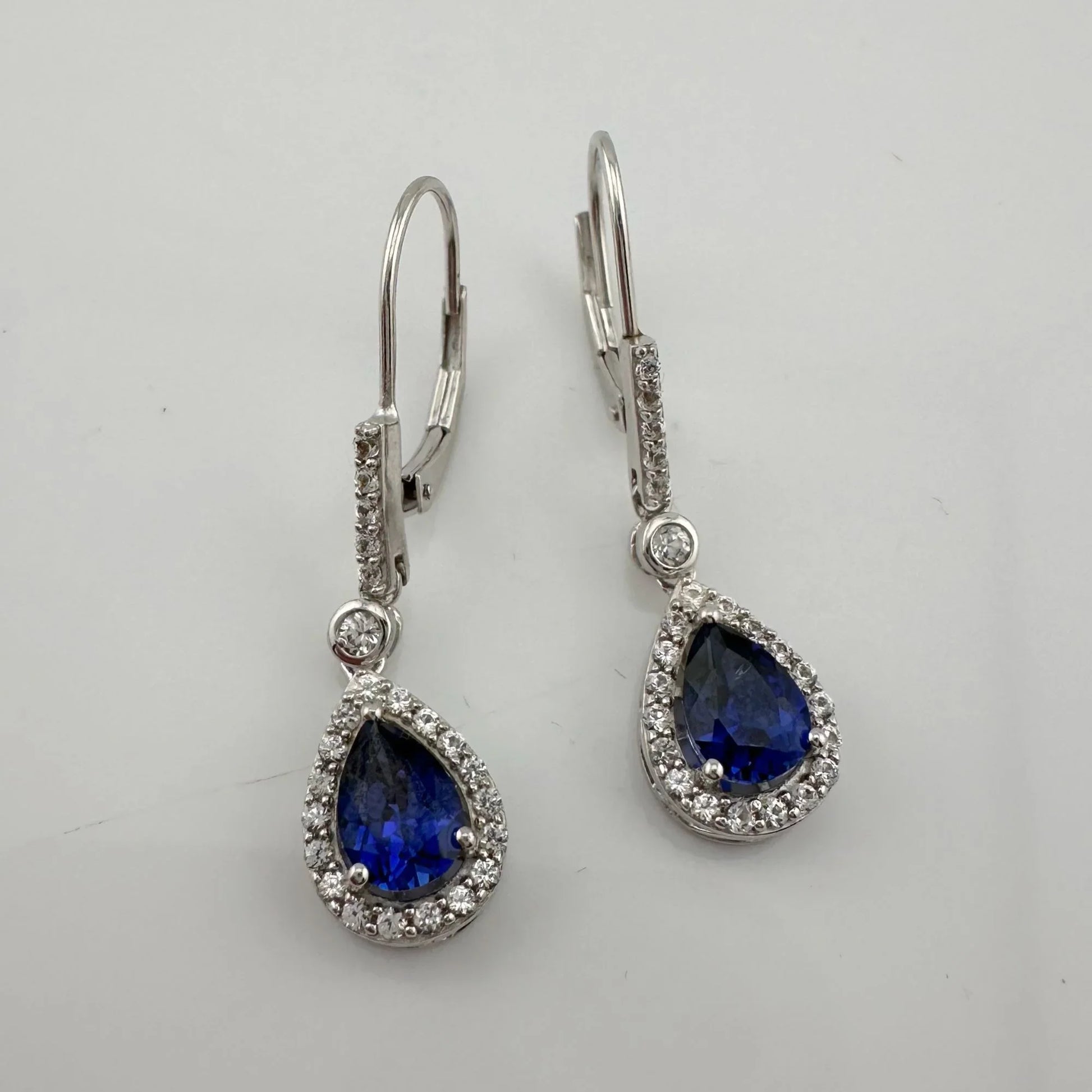 Blue and White Sapphire Tear Drop Earrings in Sterling Silver - A+ Stuff