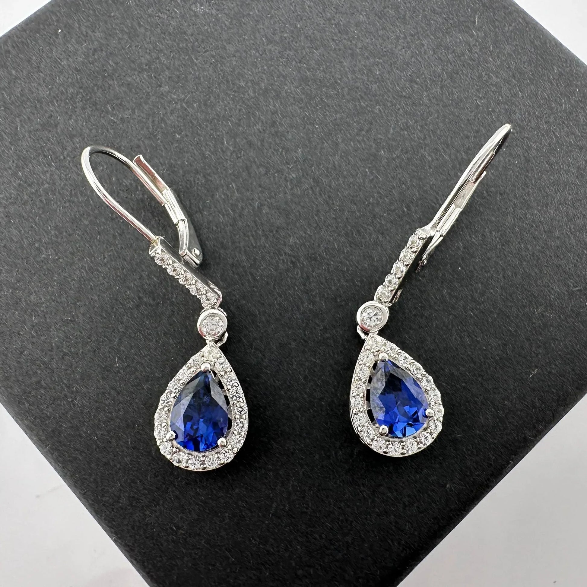 Blue and White Sapphire Tear Drop Earrings in Sterling Silver - A+ Stuff