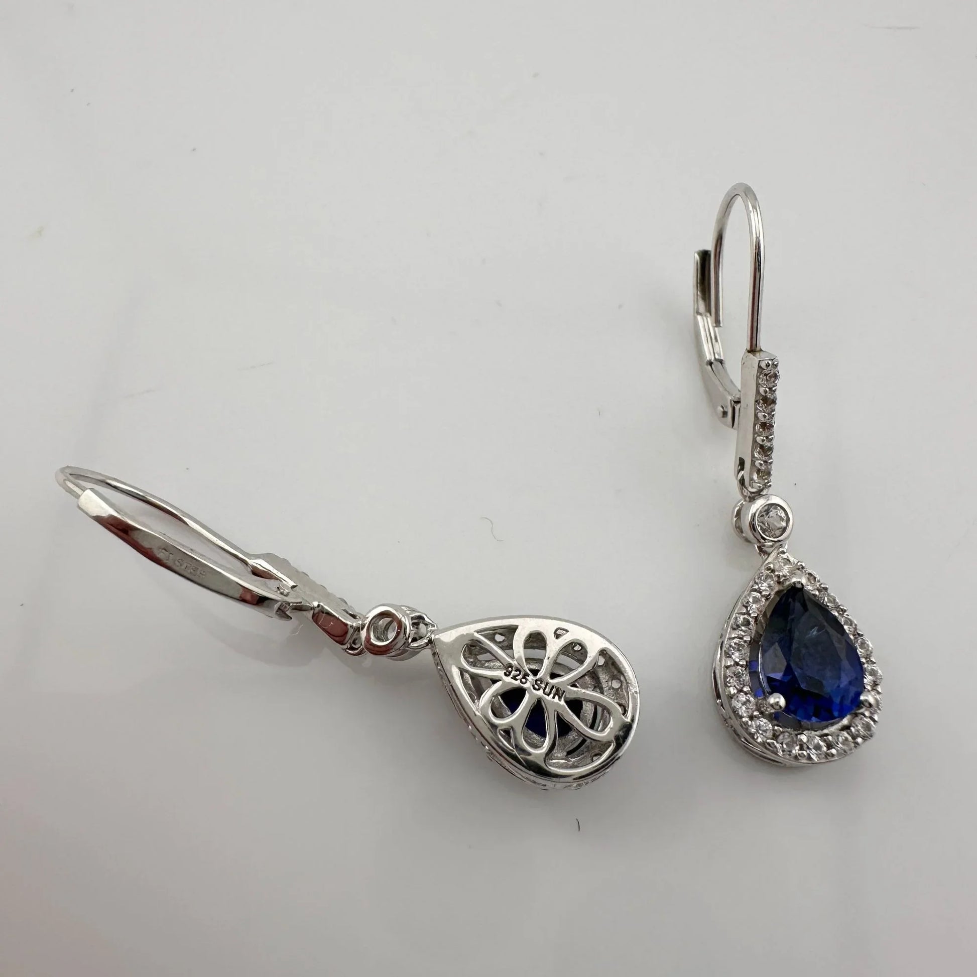 Blue and White Sapphire Tear Drop Earrings in Sterling Silver - A+ Stuff