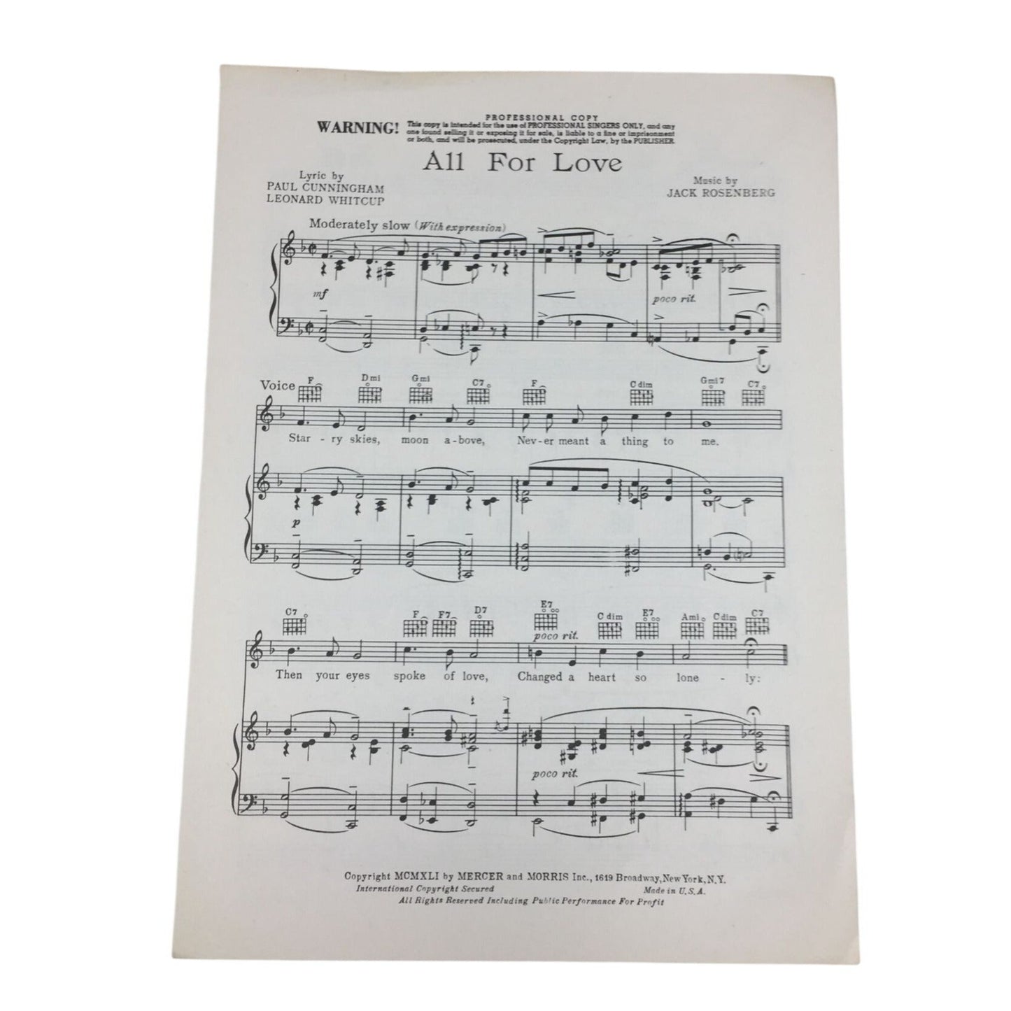 Vintage "professional copy" of sheet music for a song titled "All For Love," unbranded  A+ Stuff Sheet Music