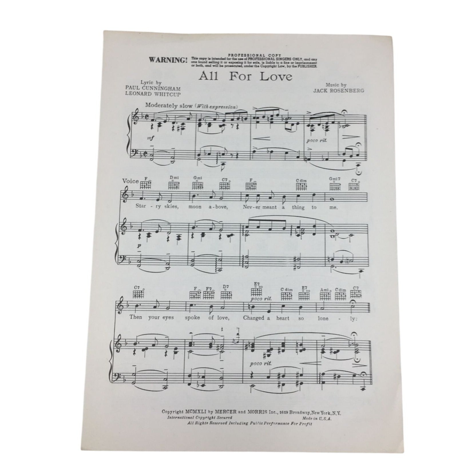 Vintage "professional copy" of sheet music for a song titled "All For Love," unbranded  A+ Stuff Sheet Music