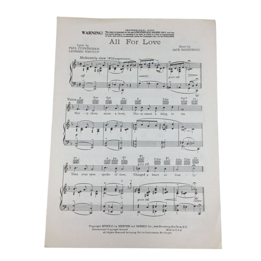 Vintage "professional copy" of sheet music for a song titled "All For Love," unbranded  A+ Stuff Sheet Music