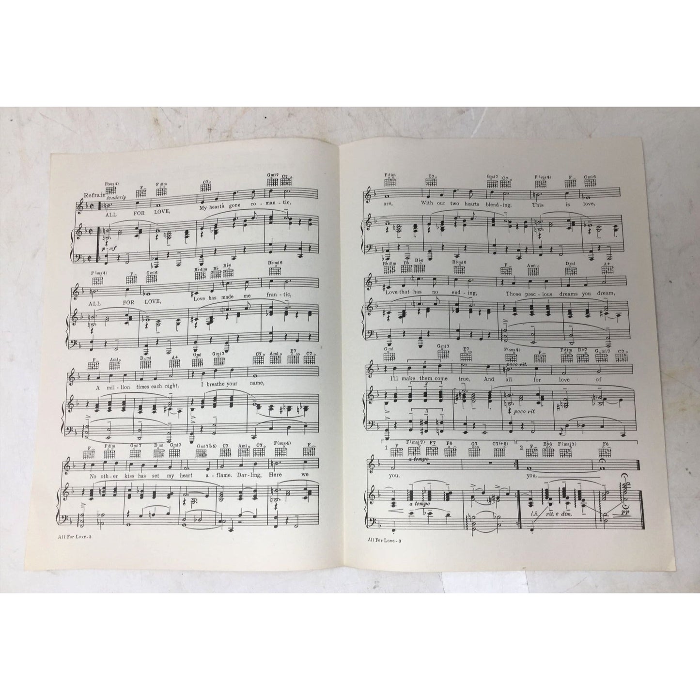 Vintage "professional copy" of sheet music for a song titled "All For Love," unbranded  A+ Stuff Sheet Music