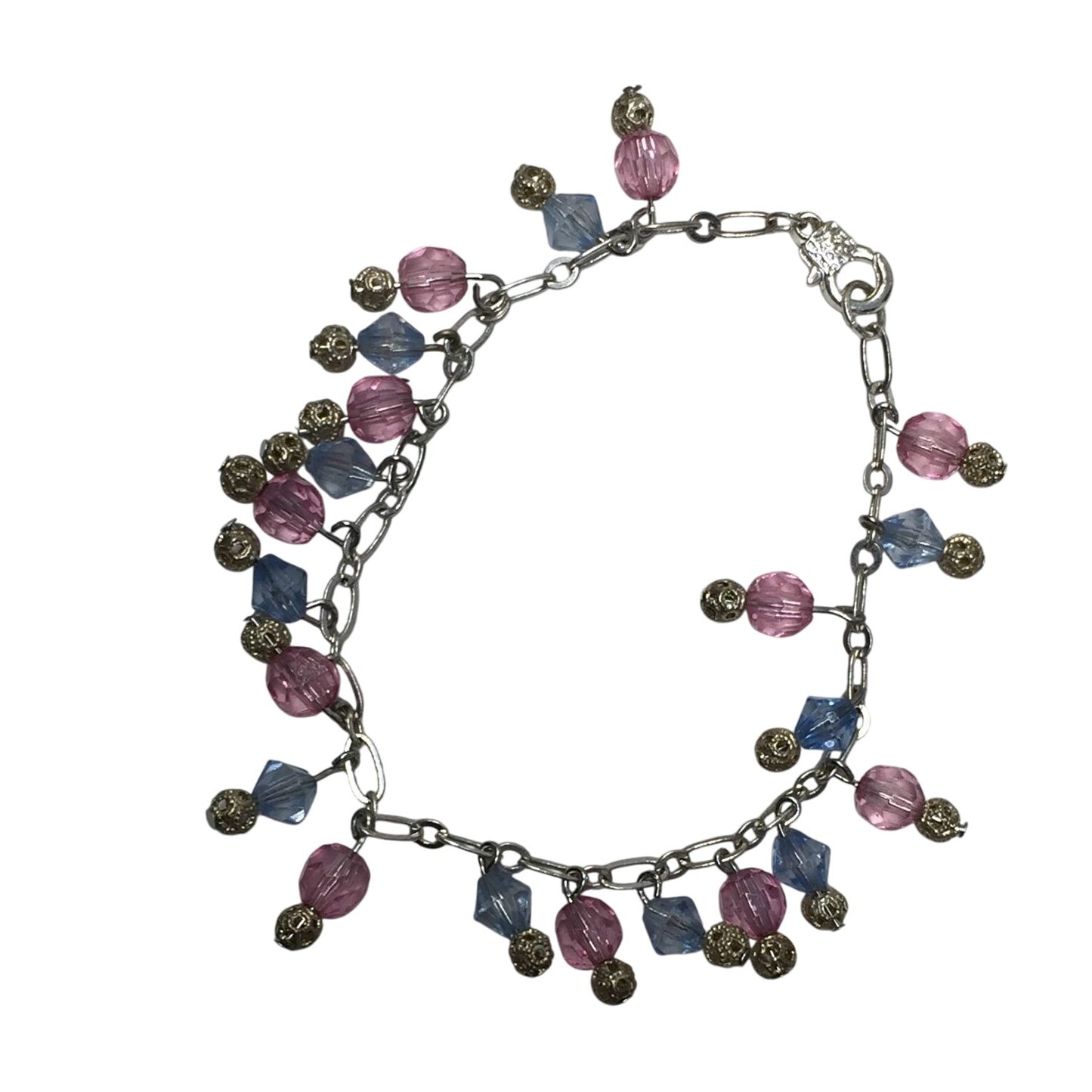 Women's Silver Tone Bracelet with Pink and Blue Hanging Gemstones/Beads