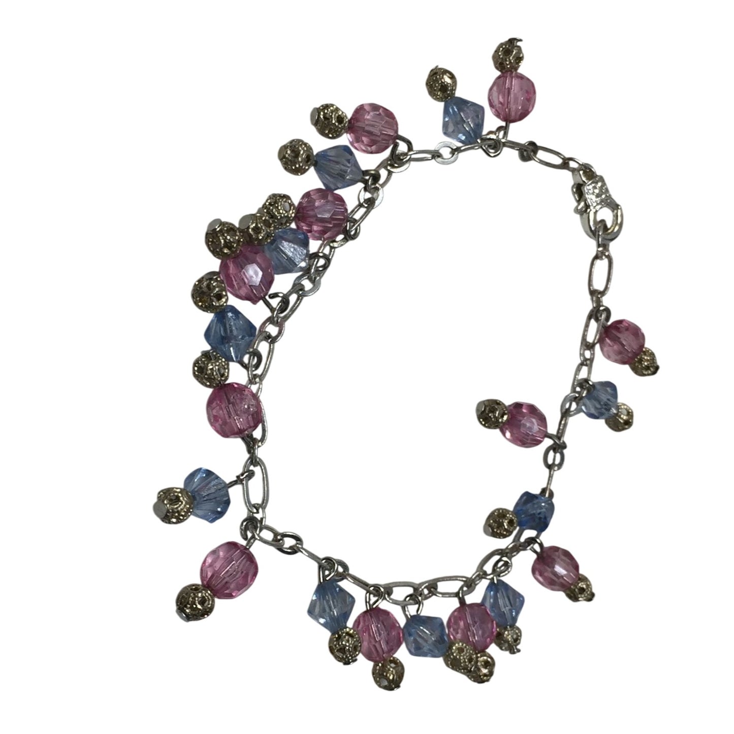 Women's Silver Tone Bracelet with Pink and Blue Hanging Gemstones/Beads