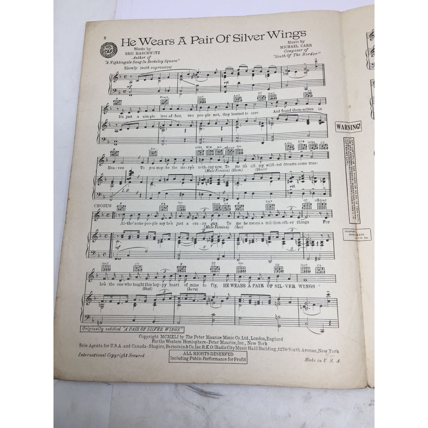 ''He Wears A Pair of Silver Wings'' by Eric Maschwitz and Michael Carr