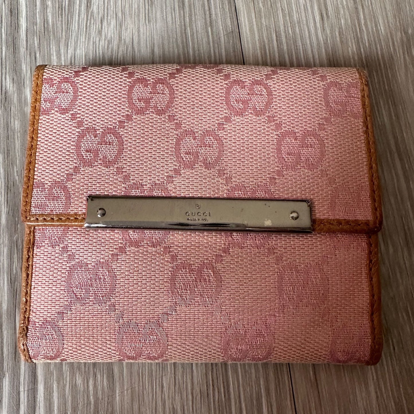 Gucci Pink GG Canvas &  Leather Short Bifold Wallet w Coin Purse