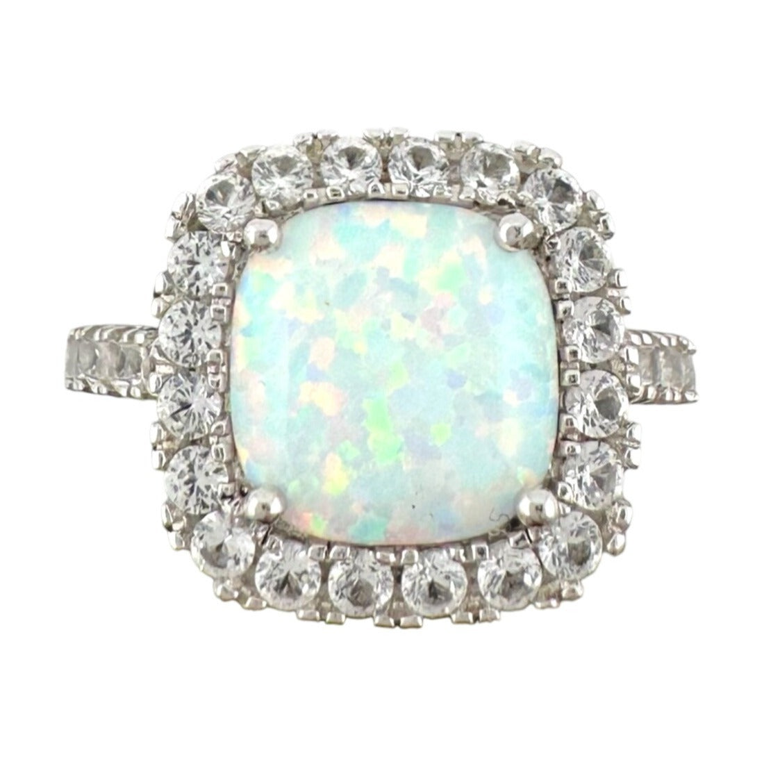 Cushion Cut Lab Created White Opal and White Topaz Ring Size 7.25