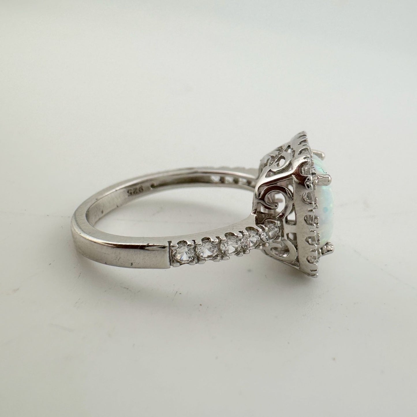 Cushion Cut Lab Created White Opal and White Topaz Ring Size 7.25