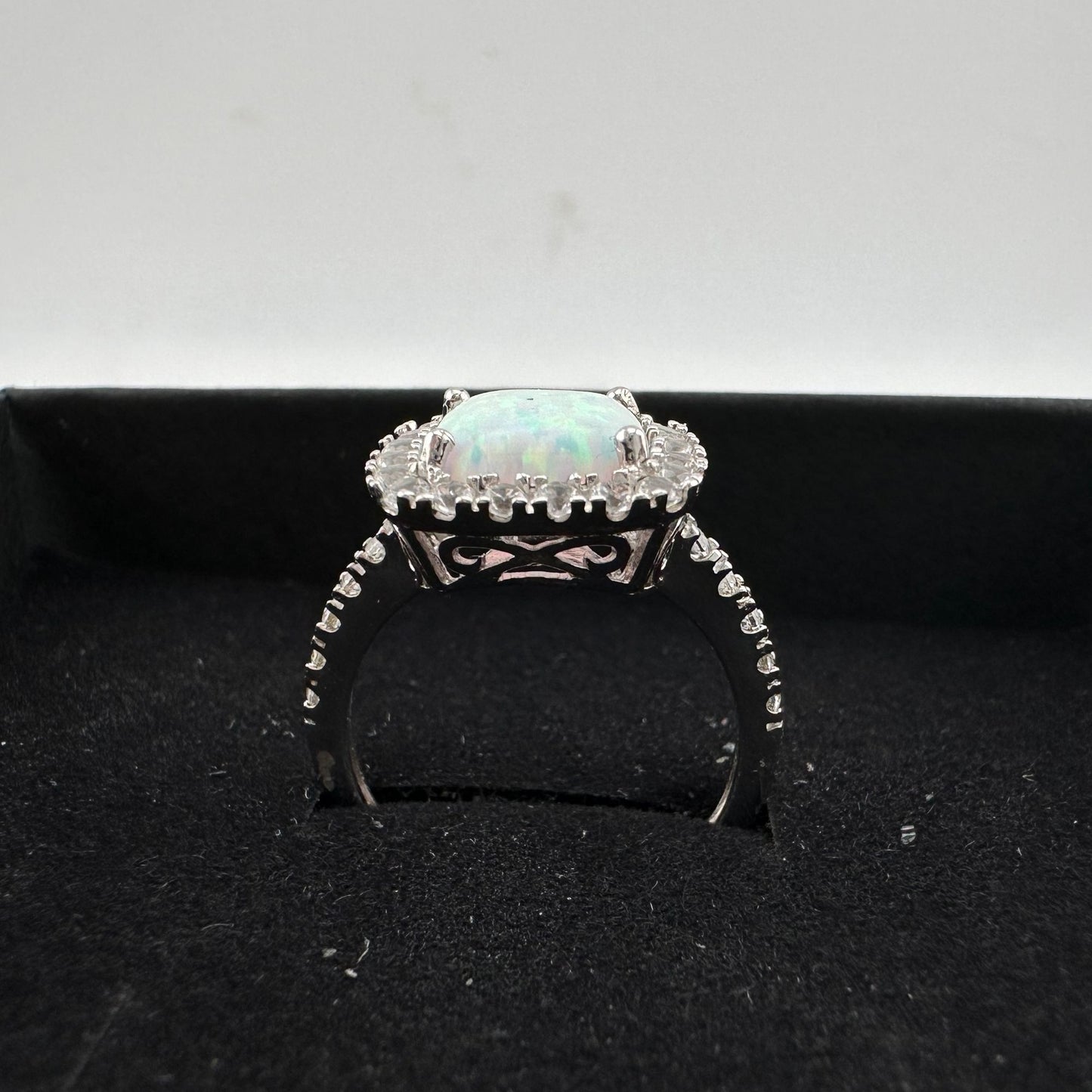 Cushion Cut Lab Created White Opal and White Topaz Ring Size 7.25