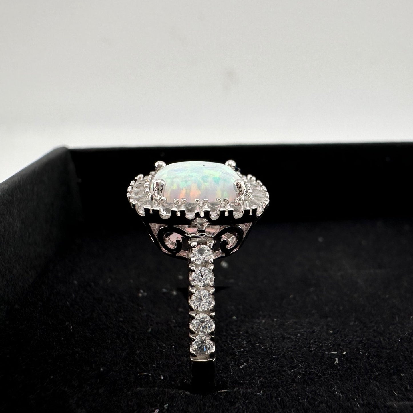 Cushion Cut Lab Created White Opal and White Topaz Ring Size 7.25