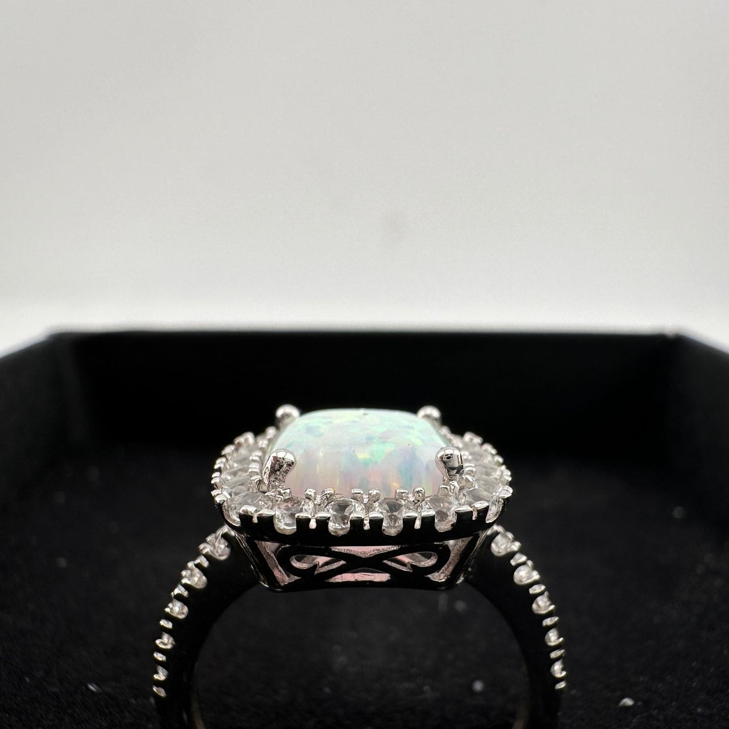 Cushion Cut Lab Created White Opal and White Topaz Ring Size 7.25