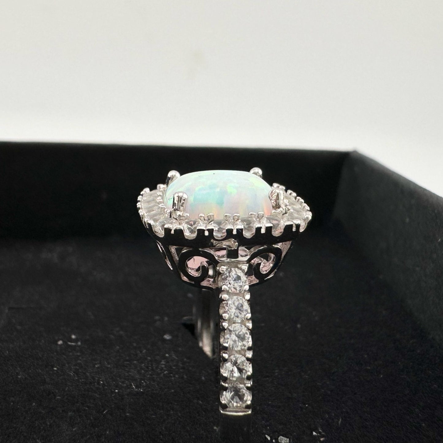 Cushion Cut Lab Created White Opal and White Topaz Ring Size 7.25