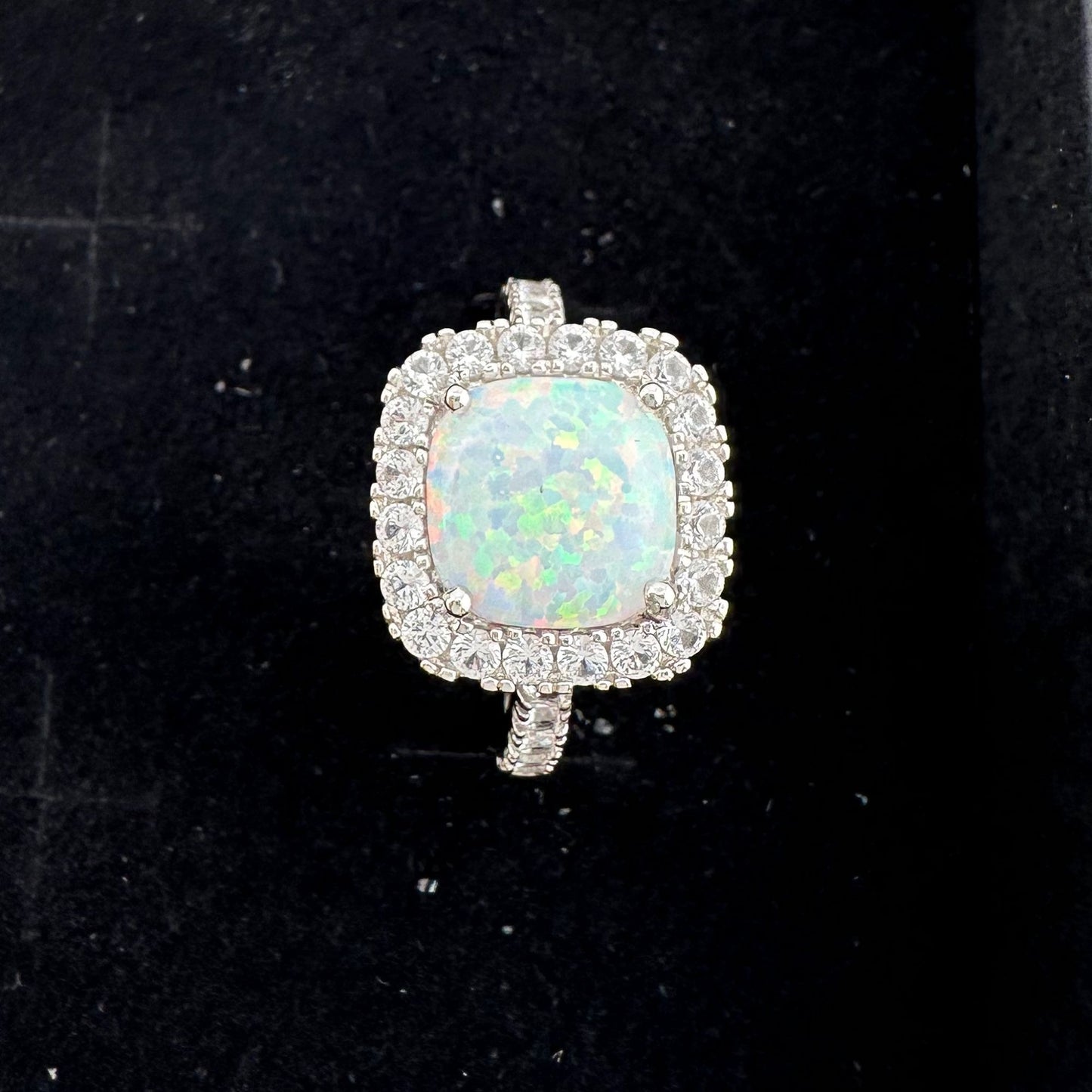 Cushion Cut Lab Created White Opal and White Topaz Ring Size 7.25