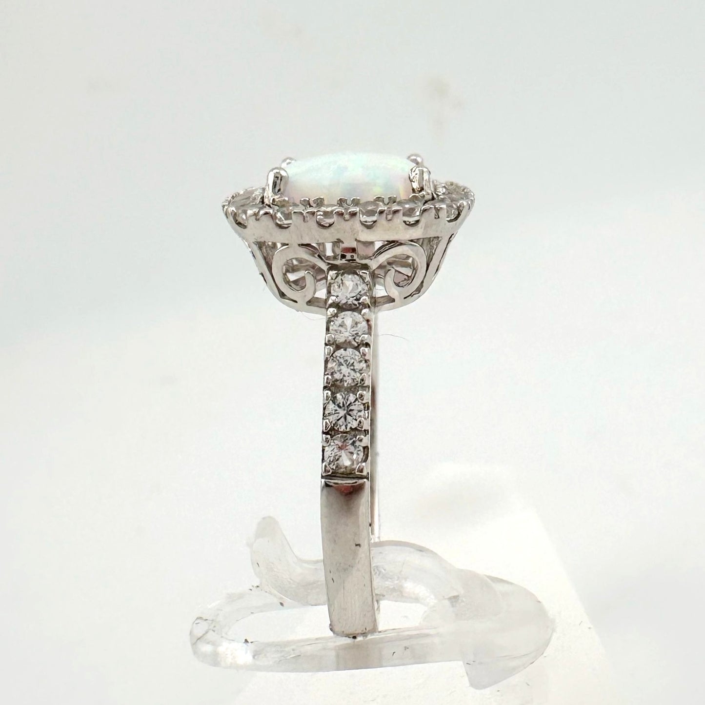 Cushion Cut Lab Created White Opal and White Topaz Ring Size 7.25