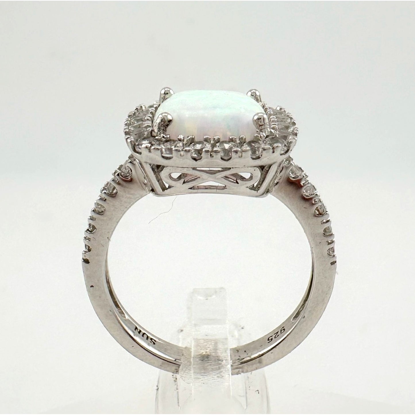 Cushion Cut Lab Created White Opal and White Topaz Ring Size 7.25