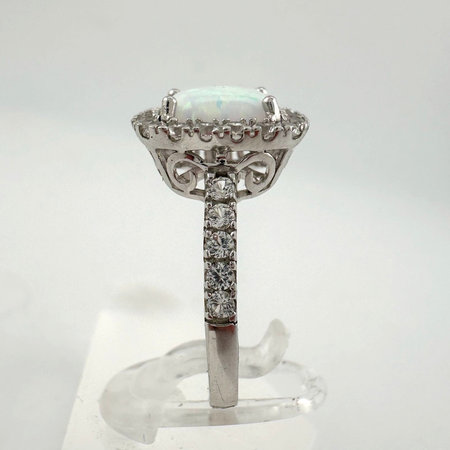 Cushion Cut Lab Created White Opal and White Topaz Ring Size 7.25