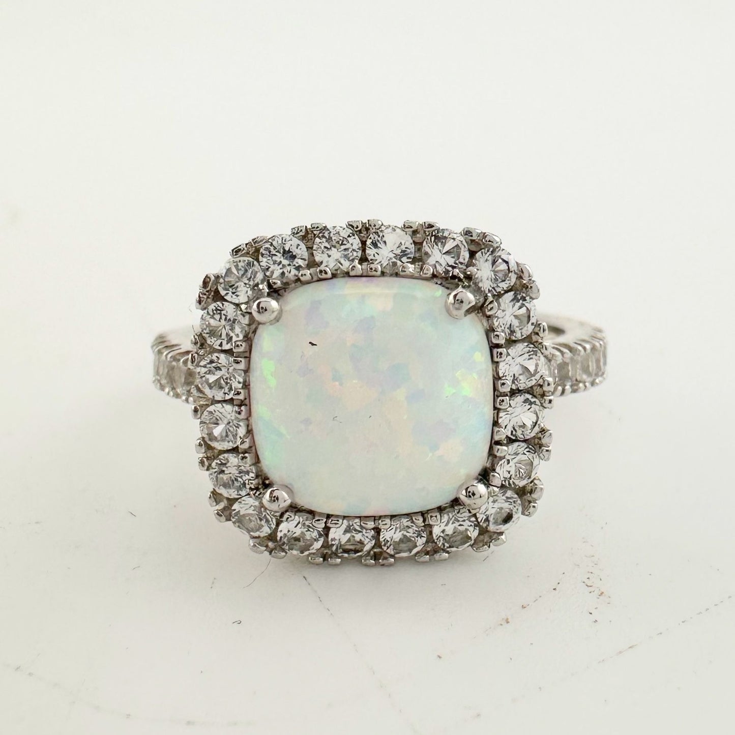 Cushion Cut Lab Created White Opal and White Topaz Ring Size 7.25